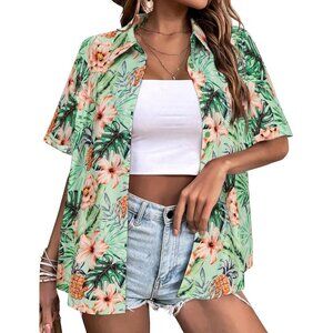 Womens Green Hawaiian Button Down Shirts Short Sleeve Casual Floral Shirt